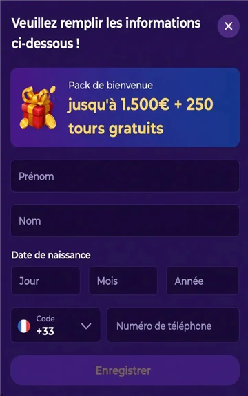 Formulaire d'inscription Gambloria Casino avec pack de bienvenue